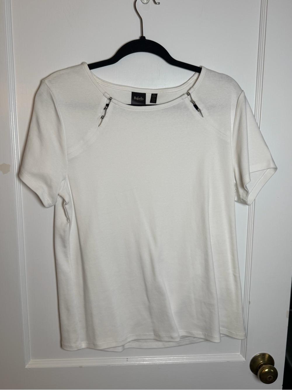 Rafaella White Cotton Knit Scoop Neck Short Sleeve Metal Detail Tee Women’s XL